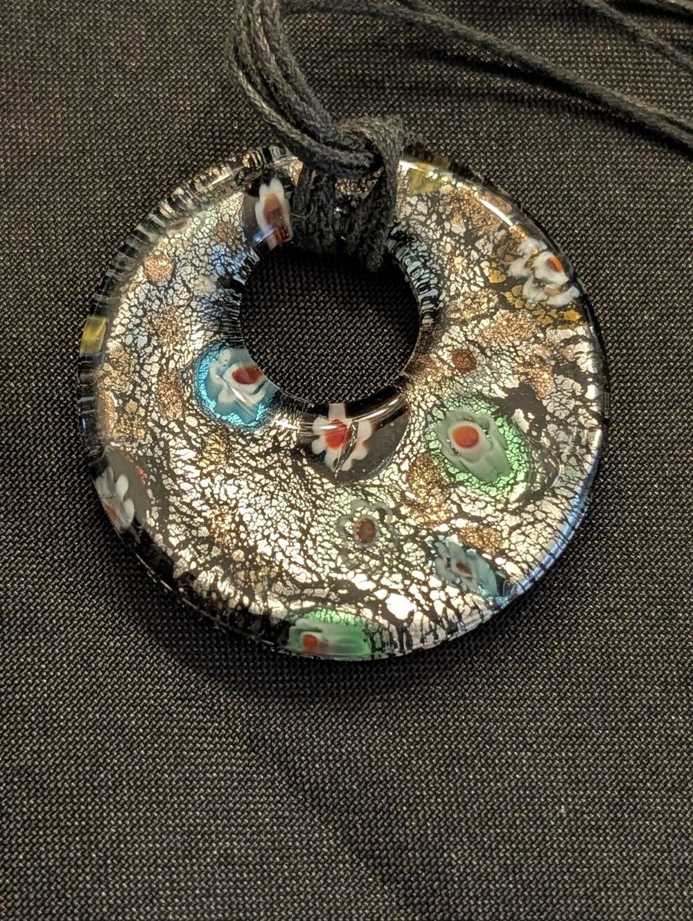 Handmade Black Glass Millefiori Donut Pendant Necklace